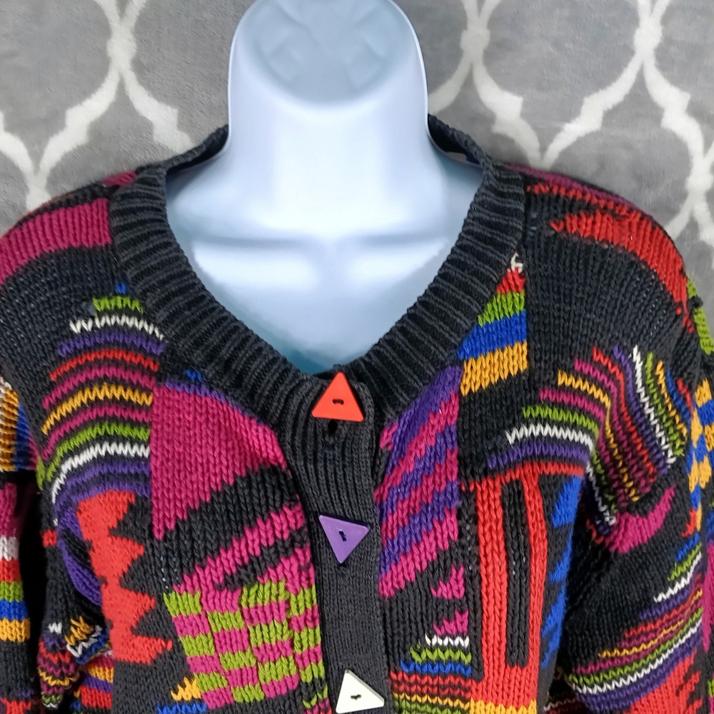 Vintage 80s Cardigan Sweater Women Size S Multicolor Geometric Triangle Button - Picture 7 of 7